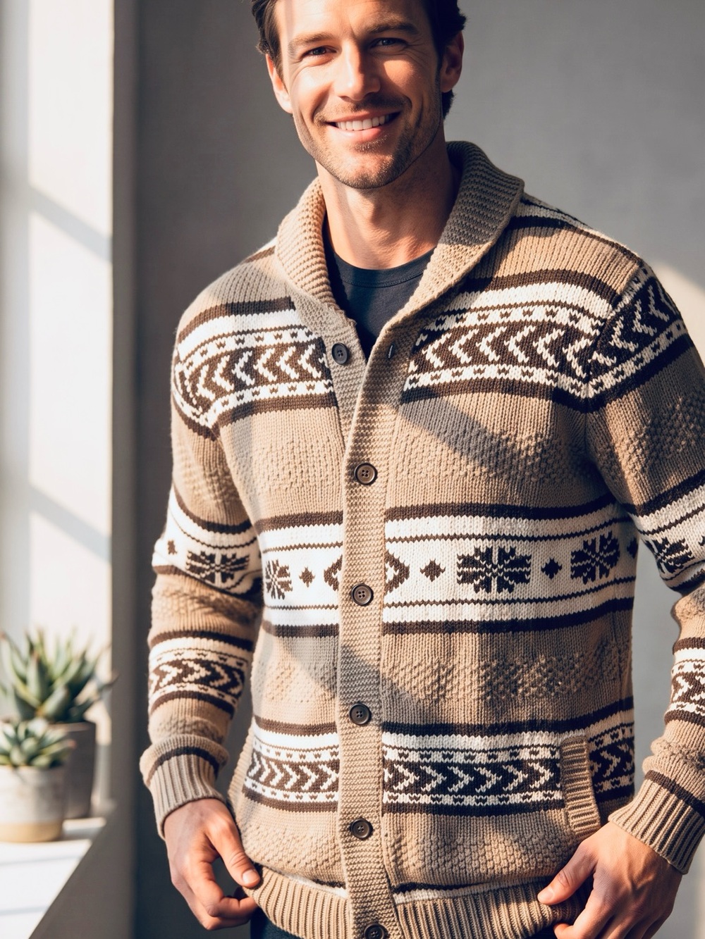 Old Navy Men's Beige and Brown Shawl-Collar Fair Isle Cardigan.